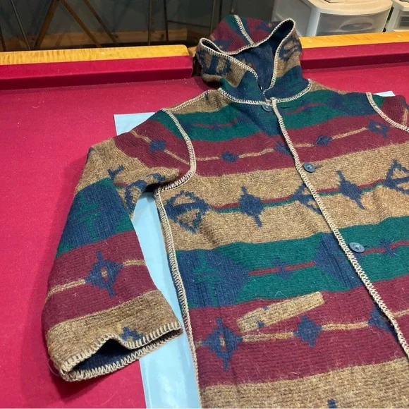 Southwestern Tan Blue Aztec Wool DUSTER Hooded Blanket Coat REVERSIBLE Button Up
